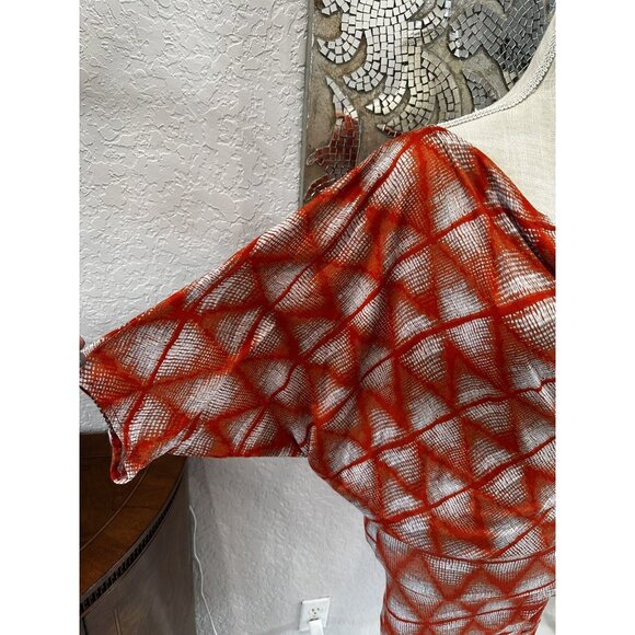 BCBG Kesi Sheer Red & White Geometric Pattern One Shoulder Dress  Size S - Picture 3 of 10